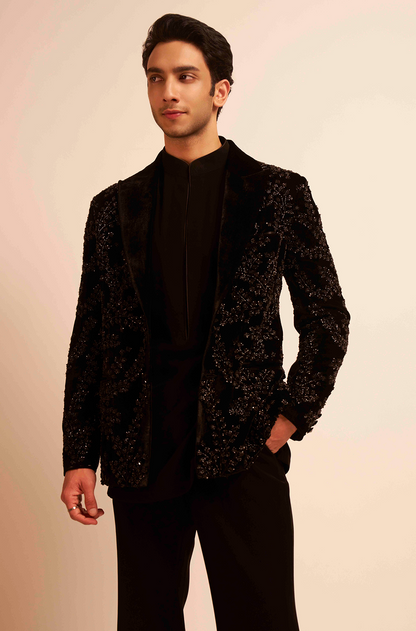 Vedang Raina in our Black Embroidered Velvet Jacket Set