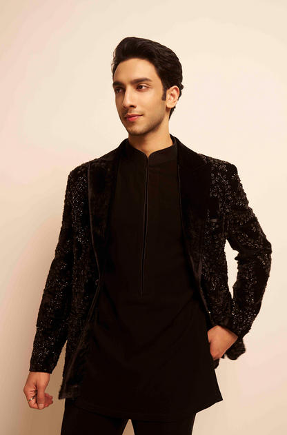 Vedang Raina in our Black Embroidered Velvet Jacket Set