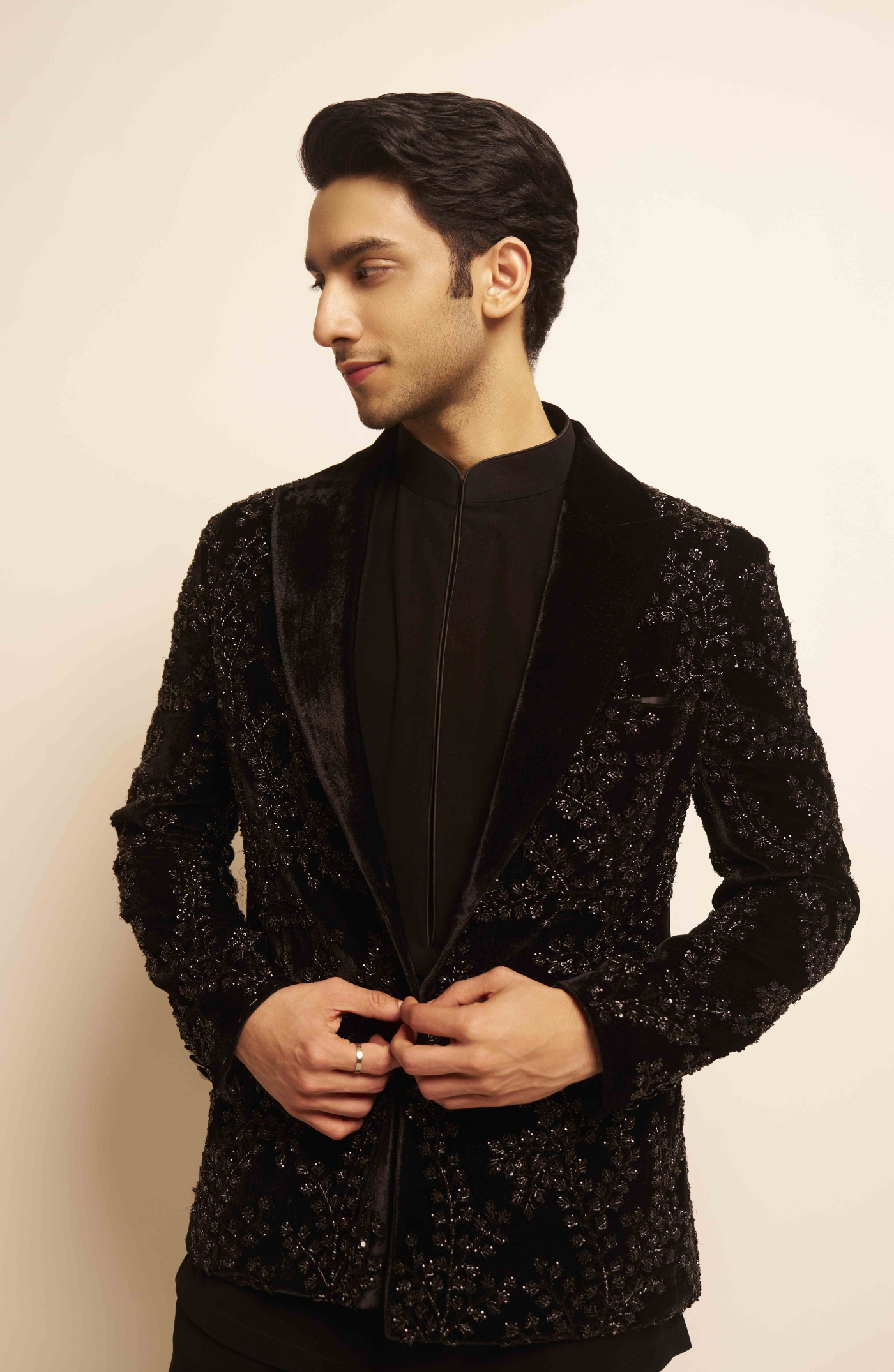 Vedang Raina in our Black Embroidered Velvet Jacket Set