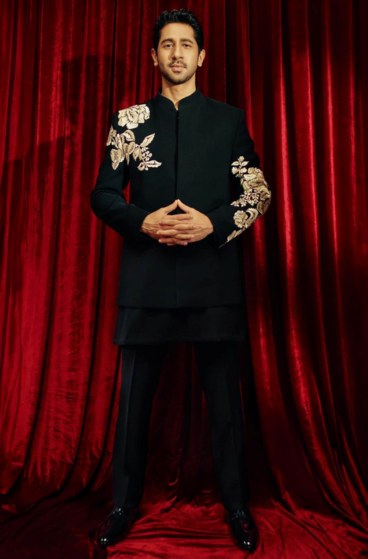 Vihaan Samat in our Black Long Bandhgala Set