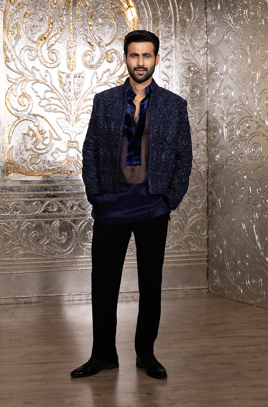 Freddy Daruwala in our Navy Blue Bolero Embroidered Jacket Set