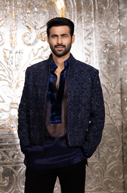Freddy Daruwala in our Navy Blue Bolero Embroidered Jacket Set