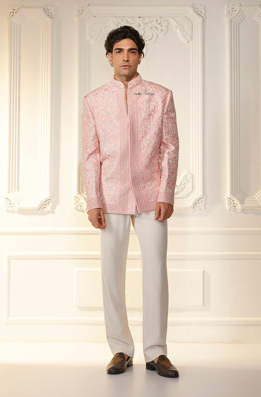 Pink Raw Silk With Ivory Threadwork Bandhgala Set