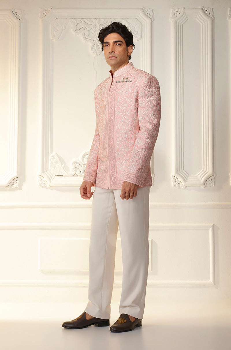 Pink Raw Silk With Ivory Threadwork Bandhgala Set