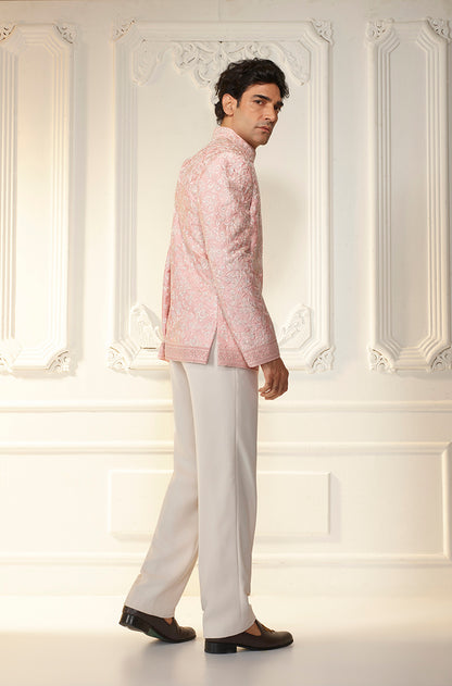 Pink Raw Silk With Ivory Threadwork Bandhgala Set