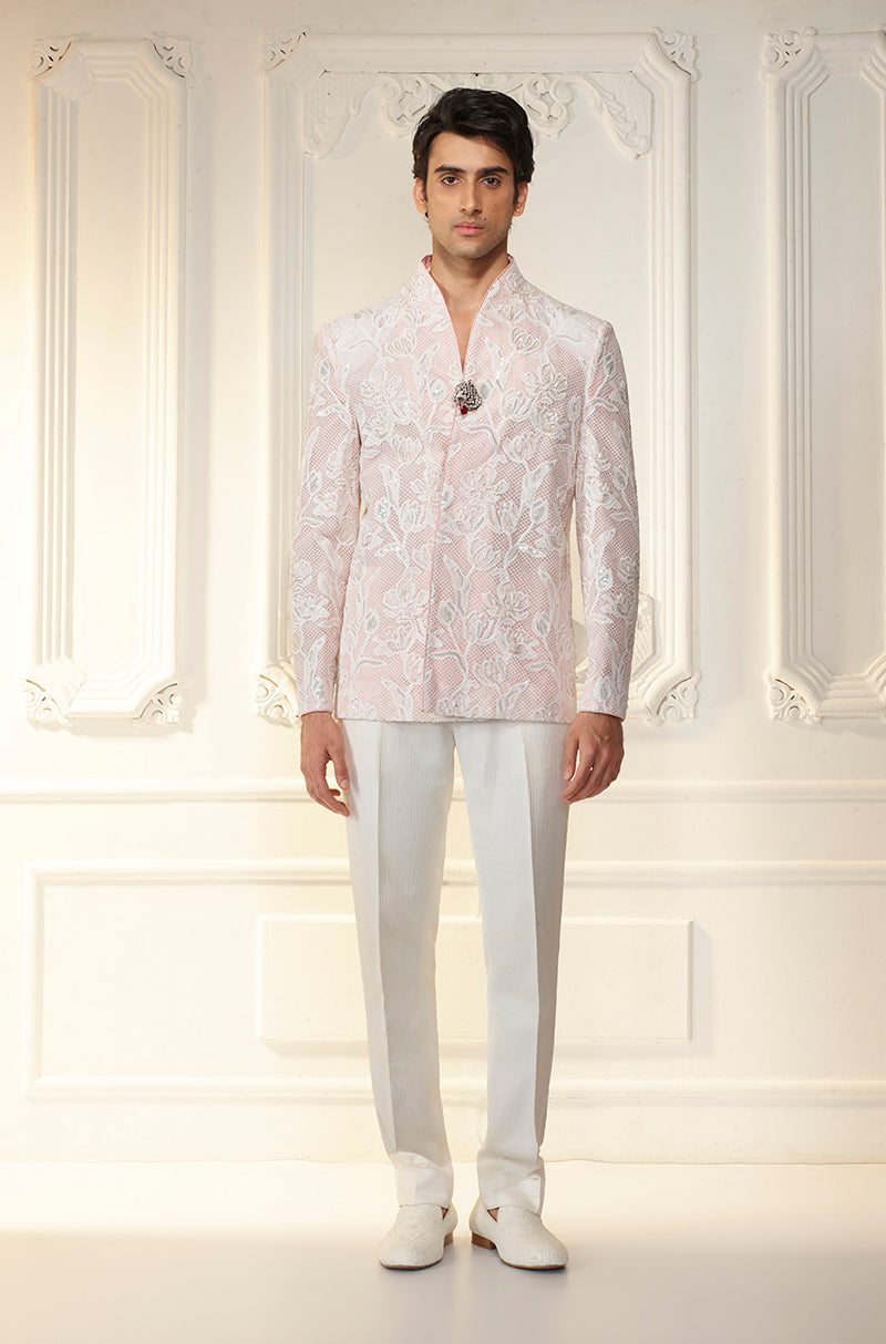 Light Pink Floral Lattice Bandhgala Set