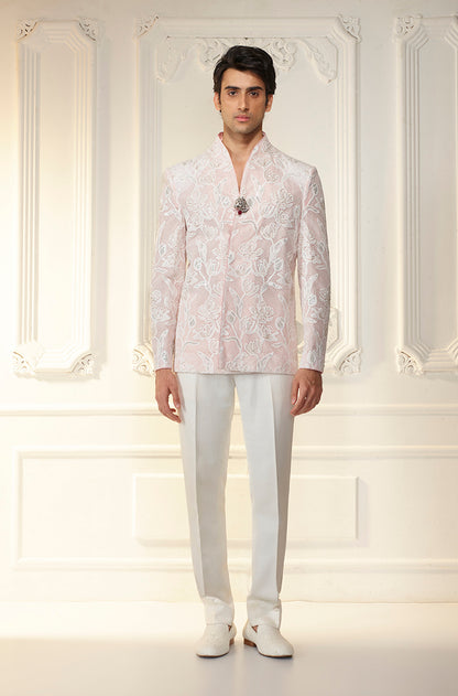 Light Pink Floral Lattice Bandhgala Set