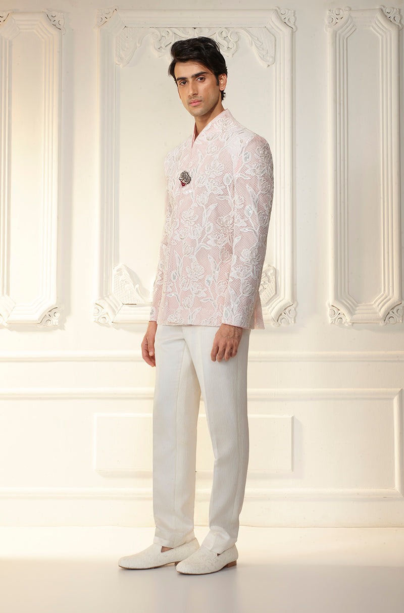 Light Pink Floral Lattice Bandhgala Set