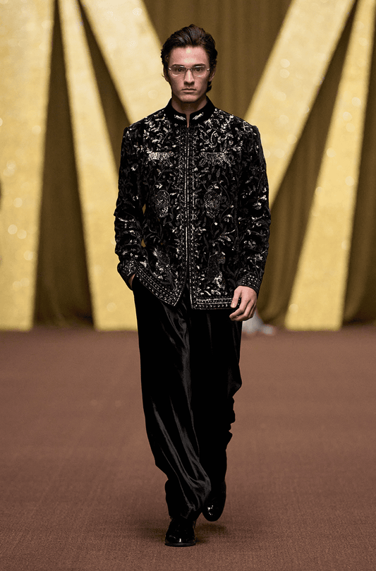 Black And Gunmetal Animal Motif Bandhgala Set