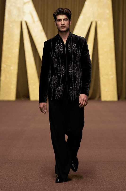 Black Velvet Embroidered Bandhgala Set