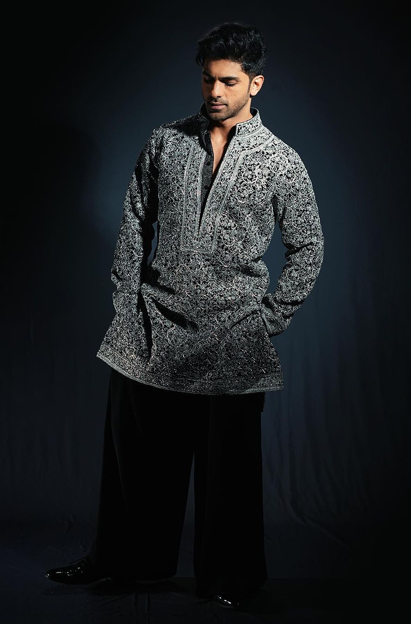 Taha Shah in our Black with Silver Dori Embroidered Kurta Set