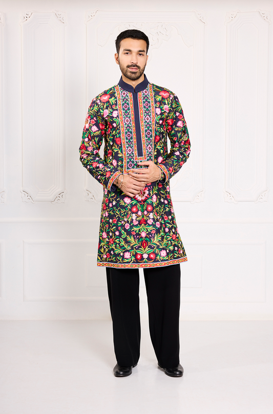 Navy Blue Multicoloured Embroidered Kurta Set