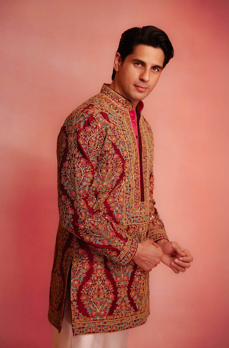 Sidharth Malhotra in our Deep Red Rawsilk Multi-color Embroidered Short Kurta Set