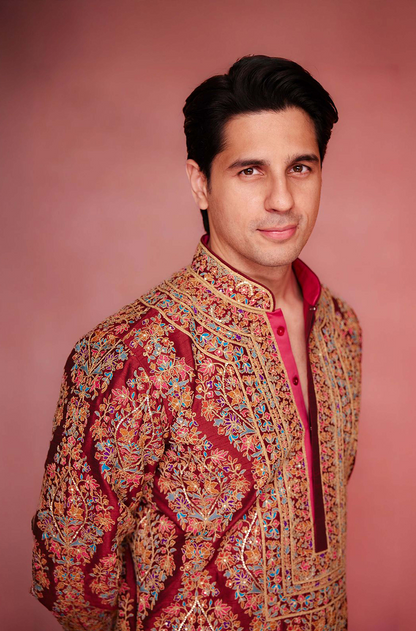Sidharth Malhotra in our Deep Red Rawsilk Multi-color Embroidered Short Kurta Set