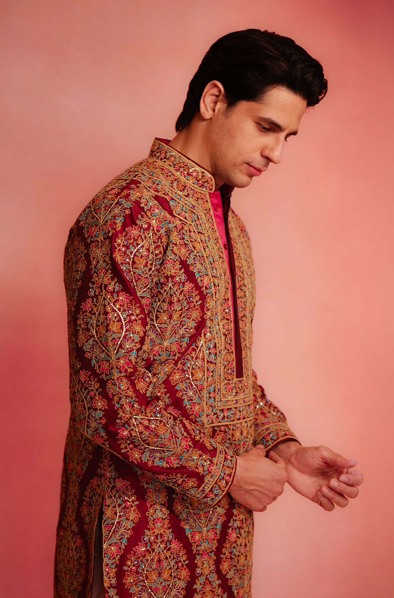 Sidharth Malhotra in our Deep Red Rawsilk Multi-color Embroidered Short Kurta Set