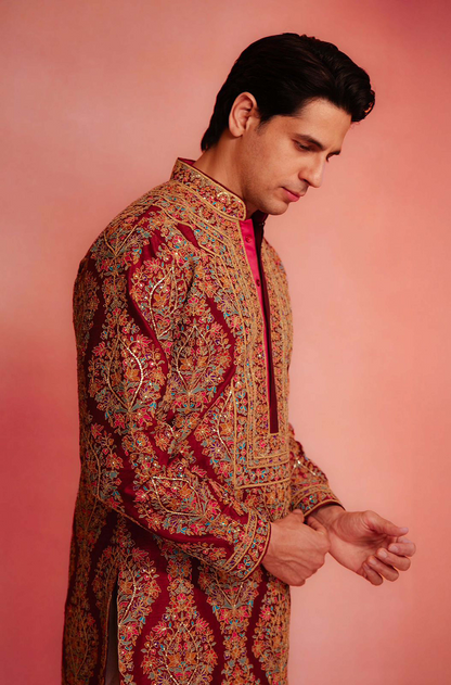 Sidharth Malhotra in our Deep Red Rawsilk Multi-color Embroidered Short Kurta Set