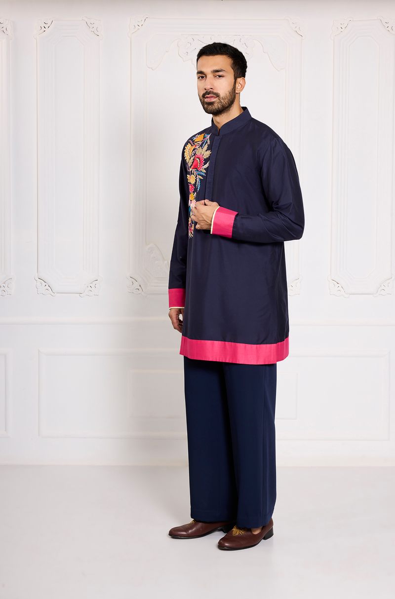Navy Blue Cotton Silk Floral Kurta Set