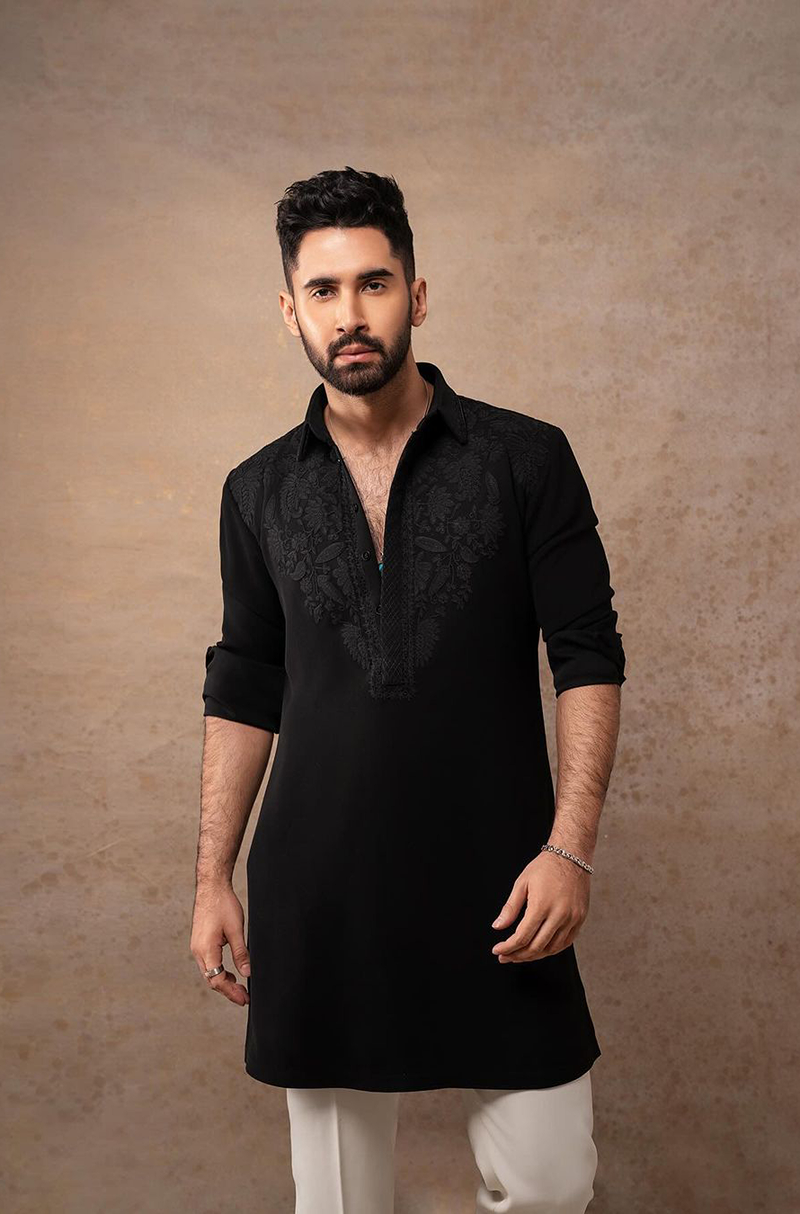 Lakshya Lalwani in our Black Embroidered Short Kurta Set