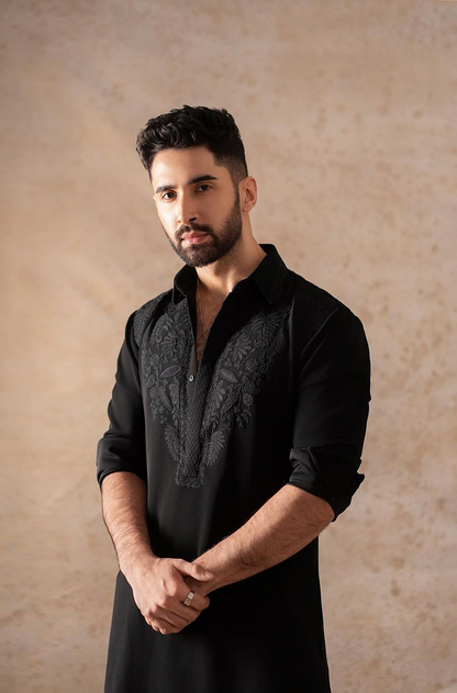 Lakshya Lalwani in our Black Embroidered Short Kurta Set