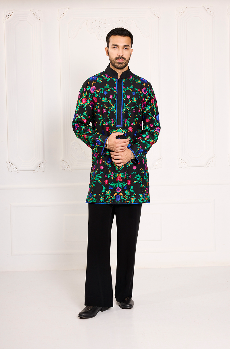 Black Multicolour Thread Embroidered Kurta Set