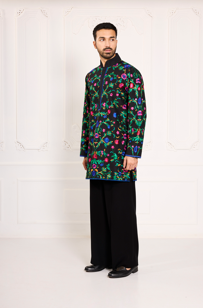 Black Multicolour Thread Embroidered Kurta Set