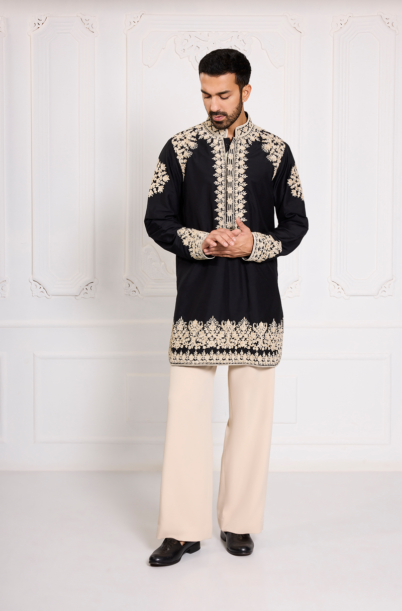 Black with Cream Dori Embroidered Kurta Set