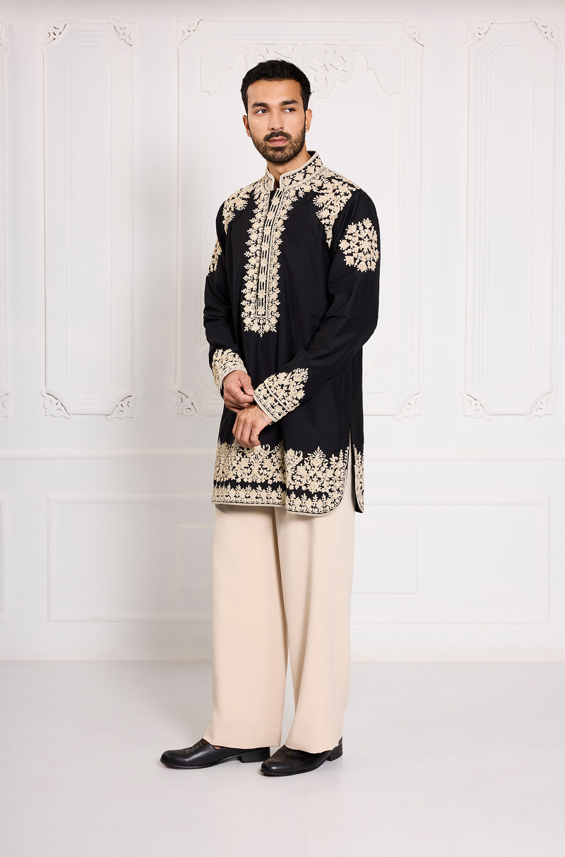 Black with Cream Dori Embroidered Kurta Set