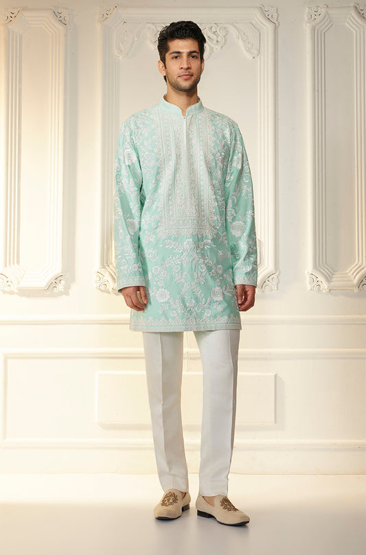 Mint Green & Ivory Floral Threadwork Kurta Set
