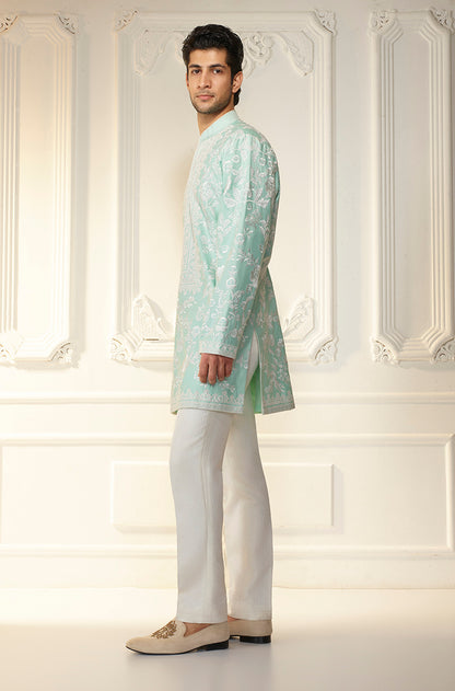Mint Green & Ivory Floral Threadwork Kurta Set