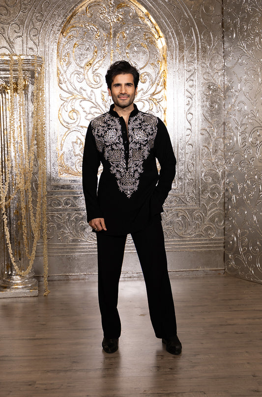 Karan Tacker in our Black Dori Embroidered Kurta Set