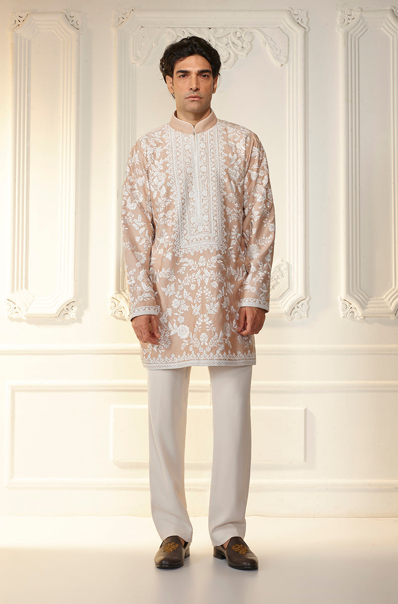 Almond & Ivory Floral Threadwork Kurta Set