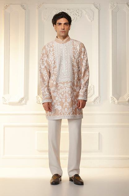 Almond & Ivory Floral Threadwork Kurta Set