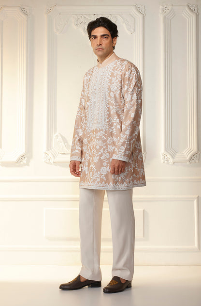 Almond & Ivory Floral Threadwork Kurta Set
