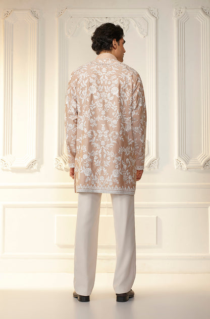 Almond & Ivory Floral Threadwork Kurta Set