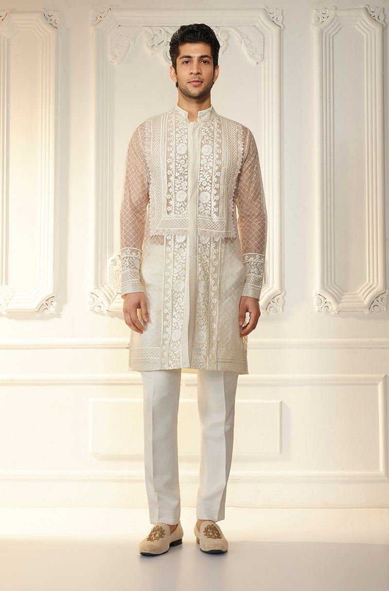 Ivory Self Textured Organza Kurta Set