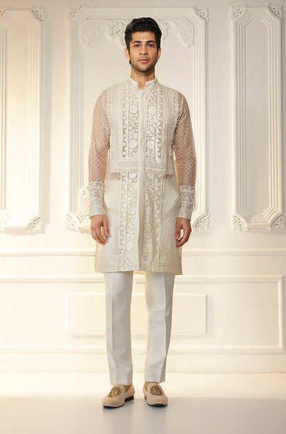 Ivory Self Textured Organza Kurta Set