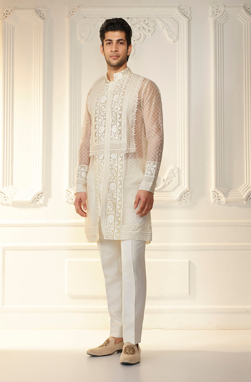 Ivory Self Textured Organza Kurta Set