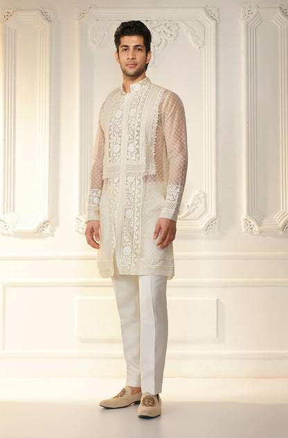 Ivory Self Textured Organza Kurta Set