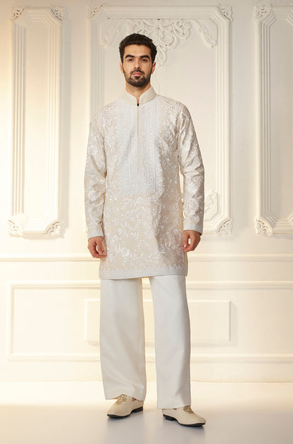 Ivory On Ivory Floral Threadwork Kurta Set