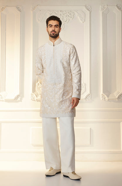 Ivory On Ivory Floral Threadwork Kurta Set