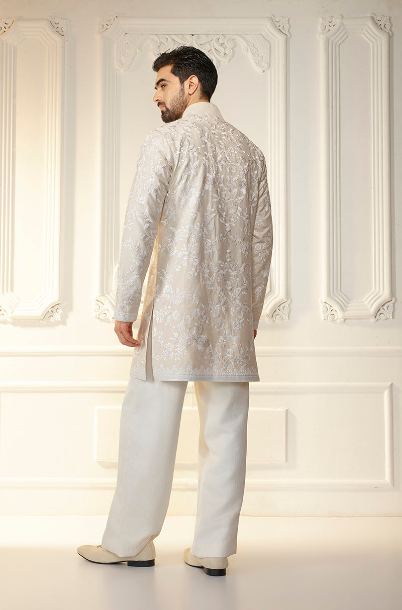Ivory On Ivory Floral Threadwork Kurta Set