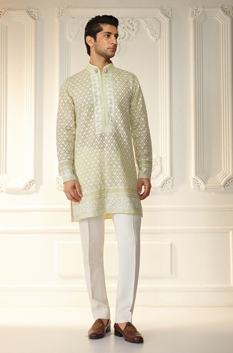 Lime Green Lattice Threadwork Kurta Set