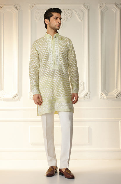 Lime Green Lattice Threadwork Kurta Set