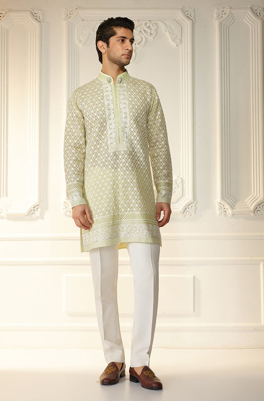 Lime Green Lattice Threadwork Kurta Set
