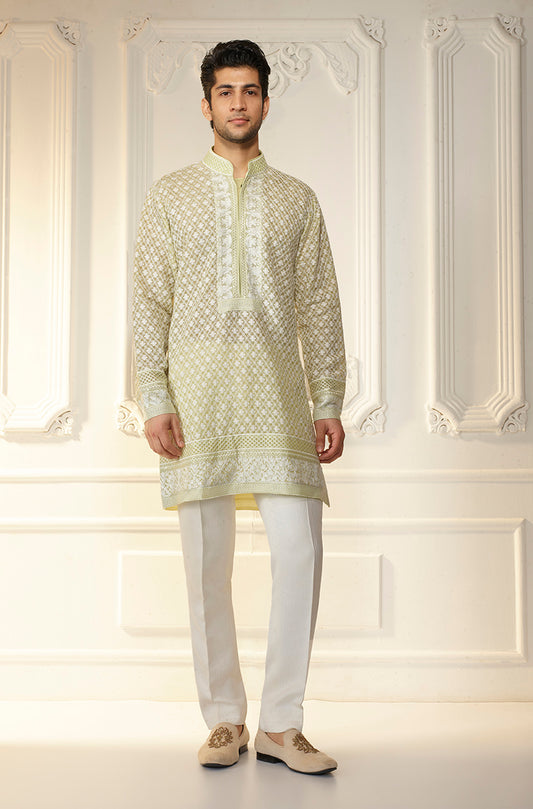 Lime Green Lattice Threadwork Kurta Set