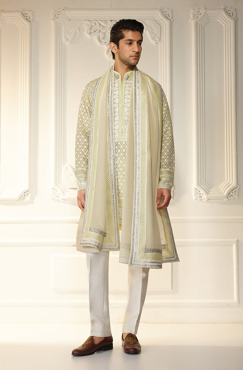 Lime Green Lattice Threadwork Kurta Set