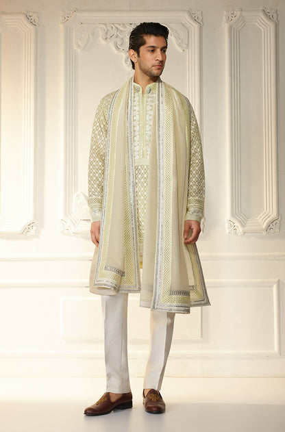 Lime Green Lattice Threadwork Kurta Set