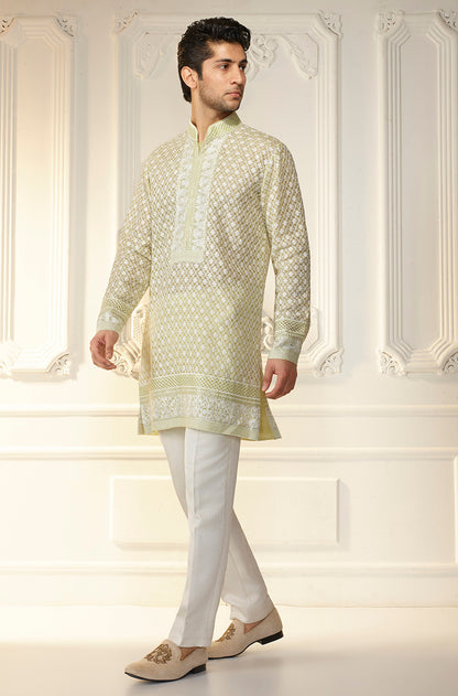 Lime Green Lattice Threadwork Kurta Set