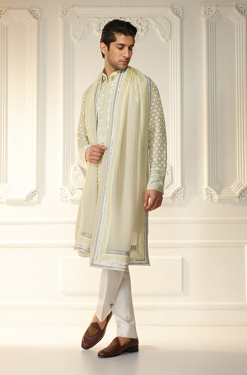 Lime Green Lattice Threadwork Kurta Set