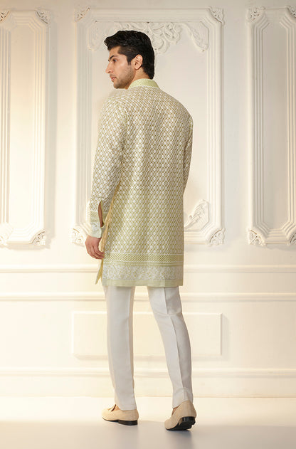 Lime Green Lattice Threadwork Kurta Set
